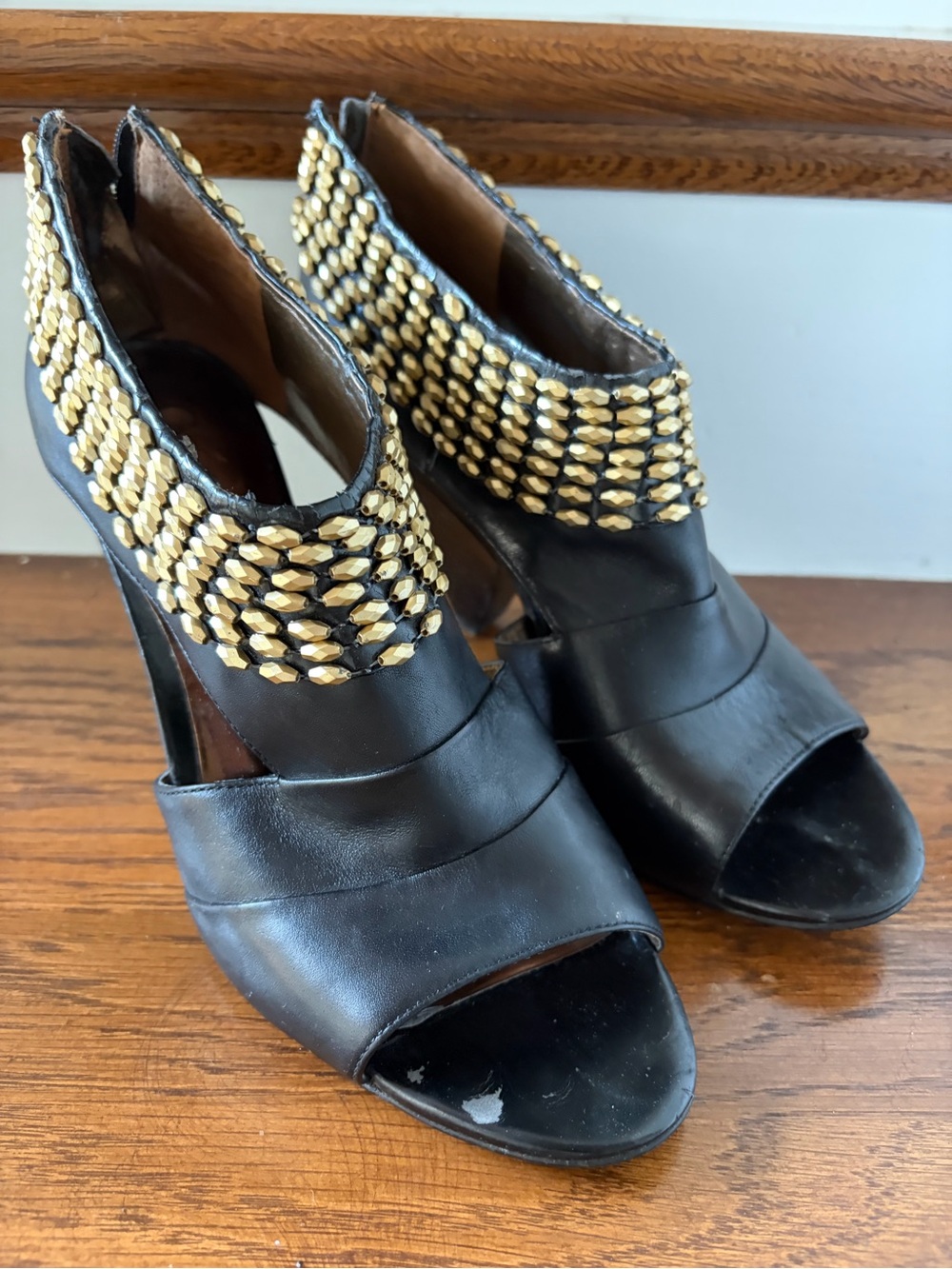 Carlos by Carlos Santana Black Open-Toe Heels with Gold Beaded Ankle Cuff